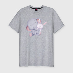 Мужская slim-футболка Милый Слонёнок и Крольчонок Обнимаются
