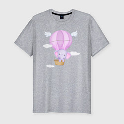 Мужская slim-футболка Милый Слонёнок Летит На Воздушном Шаре Среди Облак