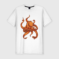 Мужская slim-футболка Оранжевый осьминог с множеством щупальцев
