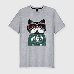 Мужская slim-футболка Умный кот в очках в новогоднем свитере