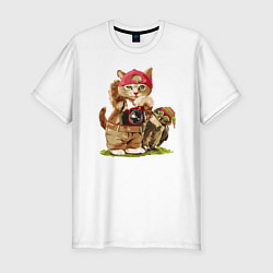 Мужская slim-футболка Котёнок фотограф с прикольным совёнком