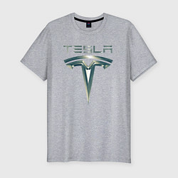Мужская slim-футболка Tesla Logo Тесла Логотип Карбон