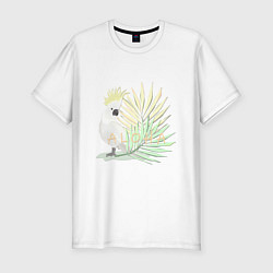 Футболка slim-fit Белый попугай с хохолком на фоне листьев пальмы, цвет: белый