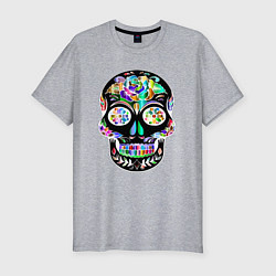 Мужская slim-футболка Чёрный мексиканский череп с разноцветными цветами