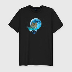 Футболка slim-fit Волк на фоне голубой луны, цвет: черный