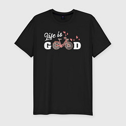 Мужская slim-футболка Жизнь хороша - велосипед с сердечками