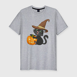 Мужская slim-футболка Чёрный котик в шляпе и с тыквой