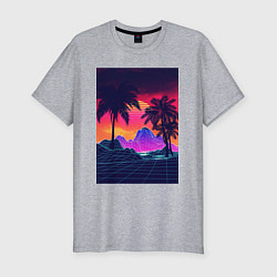 Мужская slim-футболка Синтвейв пляж и пальмы
