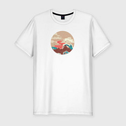 Мужская slim-футболка Большая океанская волна и пустой остров на закате