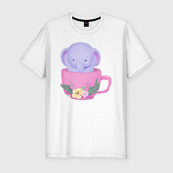 Мужская slim-футболка Милый слонёнок внутри чашки с цветами