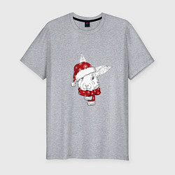 Мужская slim-футболка Новогодний кролик в шапке