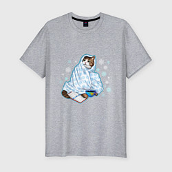 Мужская slim-футболка Зимний кот в одеялке с книгой