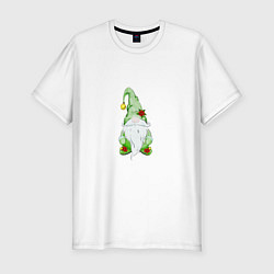 Мужская slim-футболка Скандинавский гном с пуансетией на шапке