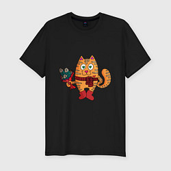 Мужская slim-футболка Влюбленный рыжий кот с рыбным букетом