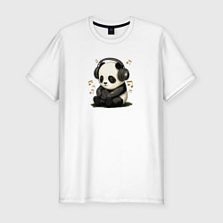 Мужская slim-футболка Милая панда слушает музыку