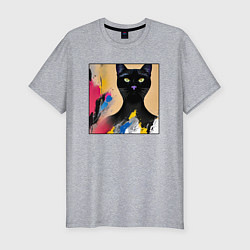 Мужская slim-футболка Черный кот из нейросети