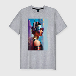 Мужская slim-футболка Girl in helmet - cyberpunk - neural network
