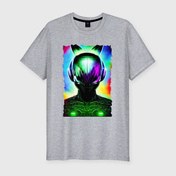 Мужская slim-футболка Портрет пришельца - нейросеть - неоновое свечение