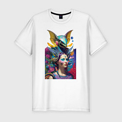 Футболка slim-fit Girl and alien - neural network - art, цвет: белый