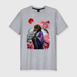 Мужская slim-футболка Такса-Самурай весенняя на фоне сакуры