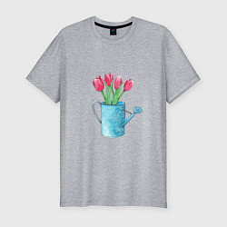 Мужская slim-футболка Букет тюльпанов в лейке