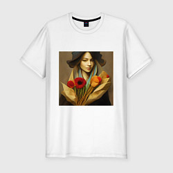 Мужская slim-футболка Девушка с цветами в стиле экспрессионизм, дизайн 1