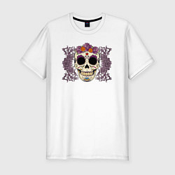 Мужская slim-футболка Мексиканский череп и фиолетовый розы