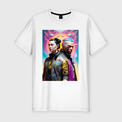Мужская slim-футболка Girl with a guy - cyberpunk