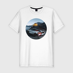 Мужская slim-футболка Машина с рестораном на горе