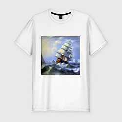 Мужская slim-футболка Корабль плывет по бушующему морю