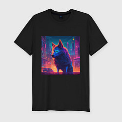 Мужская slim-футболка Волк в неоновом киберпанк-городе