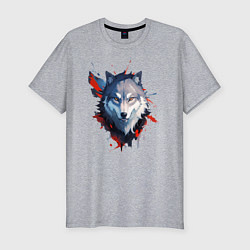 Мужская slim-футболка Голова волка - рисунок с пятнами краски