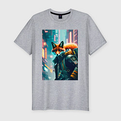 Мужская slim-футболка Лисица в большом городе - киберпанк
