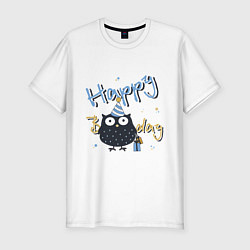 Футболка slim-fit Happy Birthday надпись и забавная сова, цвет: белый