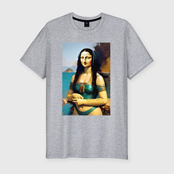 Мужская slim-футболка Мона Лиза на пляже - Биарриц - Франция