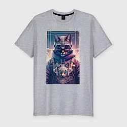 Мужская slim-футболка Кот с котёнком - киберпанк - нейросеть
