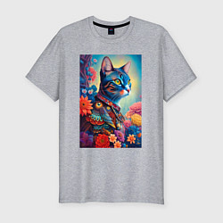 Мужская slim-футболка Кошка следящая за модой - нейросеть