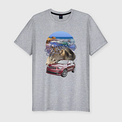 Футболка slim-fit Волк на джипе, цвет: меланж