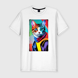 Мужская slim-футболка Котик с разными по цвету глазами - поп-арт