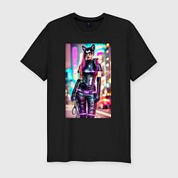 Футболка slim-fit Cyberpunk - cat girl - neural network, цвет: черный