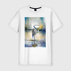 Мужская slim-футболка Цапля на озере - акварель - нейросеть
