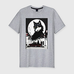 Мужская slim-футболка Волк в ночном городе - нейросеть