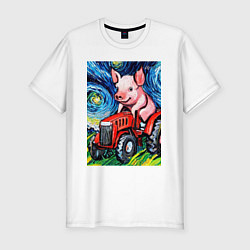 Футболка slim-fit Поросенок на красном тракторе - стиль Ван Гог, цвет: белый