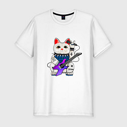 Футболка slim-fit Рок кот нэко с микрофоном и гитарой, цвет: белый