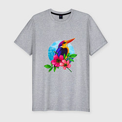 Мужская slim-футболка Тропическая птица в цветах