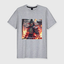 Мужская slim-футболка Самурай зомби в пламени огня