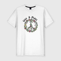 Мужская slim-футболка Хиппи знак мира цветочный пастельный peace and lov