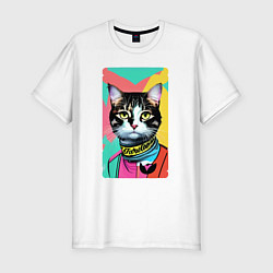 Футболка slim-fit Pop art cat - neural network, цвет: белый