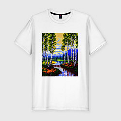 Мужская slim-футболка Пиксельный березовый пейзаж