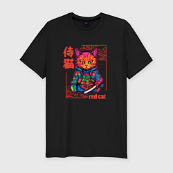 Футболка slim-fit Кот в японском стиле - самурай, цвет: черный